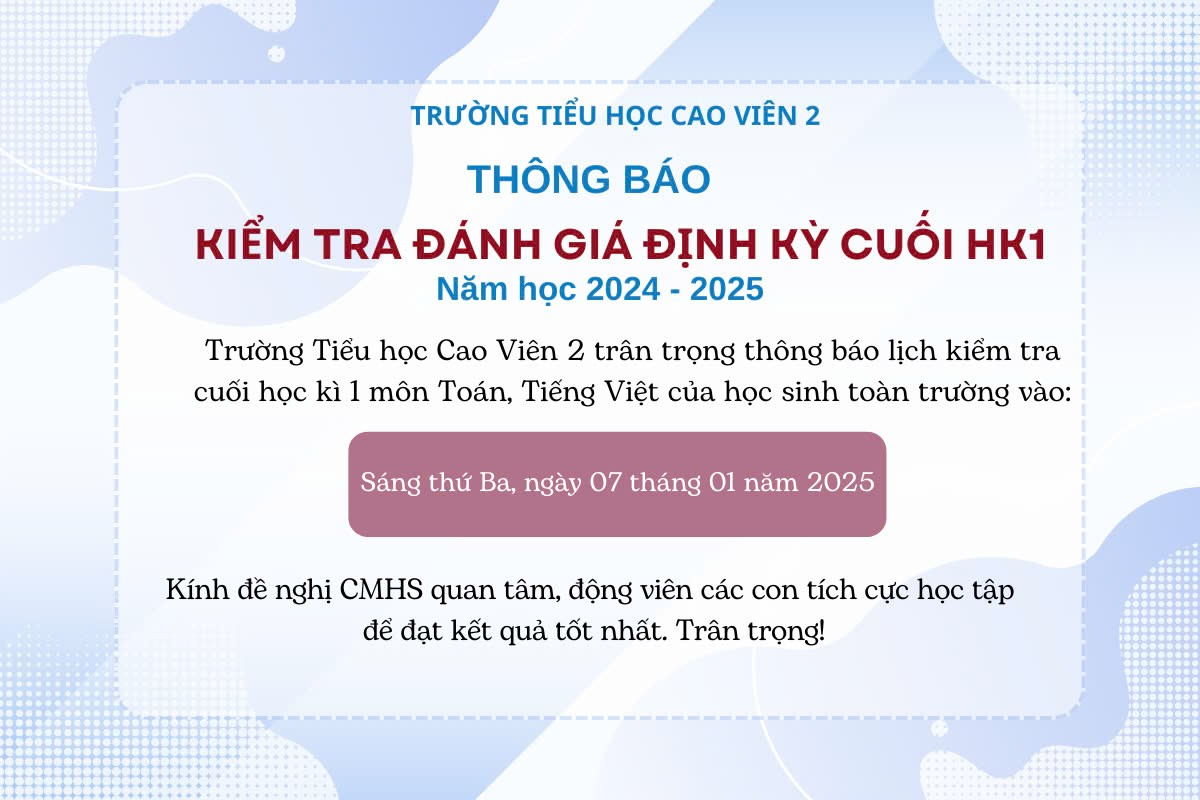 hông báo lịch kiểm tra ĐGĐK Cuối HK1 môn Toán, Tiếng Việt